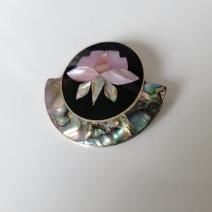 Vintage Mexican Brooch / Pendant Abalone Shell, Mother of Pearl, Silver Tone